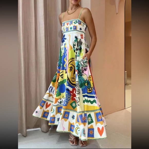 (last 1) 24hr SALE💗Ete Ensoleillé boho french print summer midi dress resort - Picture 1 of 9